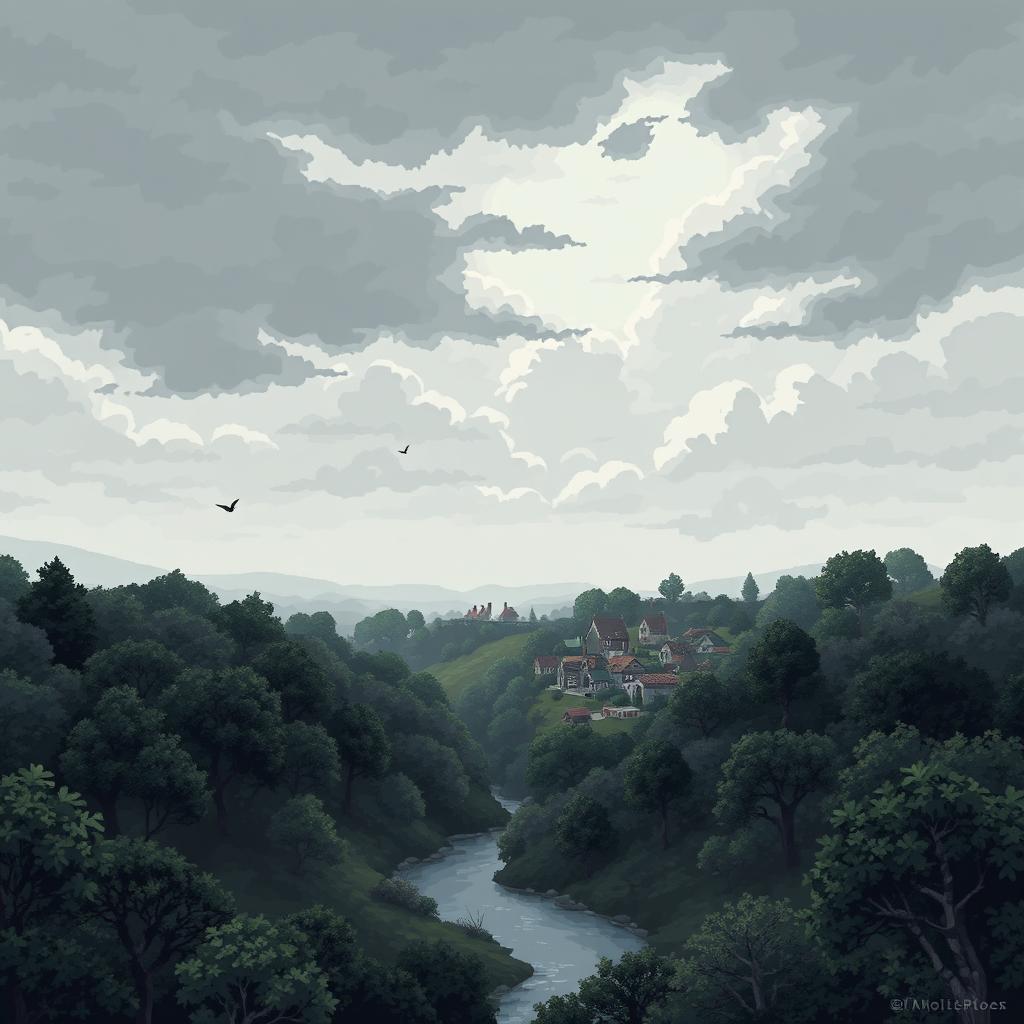 A pixel art scene depicting a detailed atmospheric setting under a grey sky