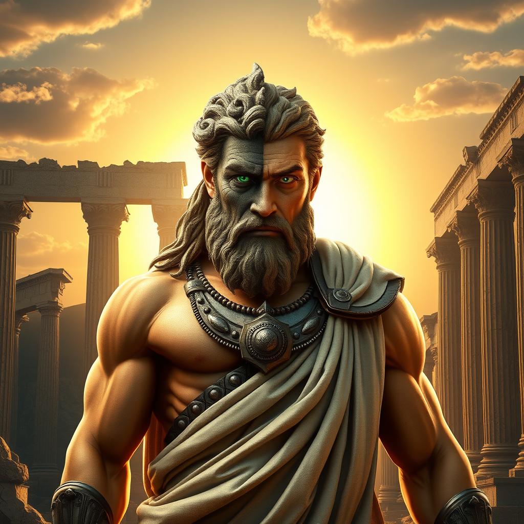 An imposing man from Greek mythology, depicted with a powerful physique and regal posture, standing triumphantly against a backdrop of ancient Greek architecture