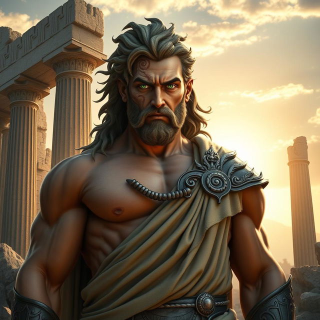 An imposing man from Greek mythology, depicted with a powerful physique and regal posture, standing triumphantly against a backdrop of ancient Greek architecture