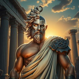 An imposing man from Greek mythology, depicted with a powerful physique and regal posture, standing triumphantly against a backdrop of ancient Greek architecture