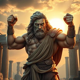 An imposing man from Greek mythology, depicted with a powerful physique and regal posture, standing triumphantly against a backdrop of ancient Greek architecture