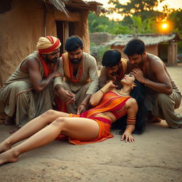 A seductive Indian woman with long, sexy legs lying on the ground, engaged in a passionate kiss with several Indian men in traditional attire, set outside a rustic Indian village