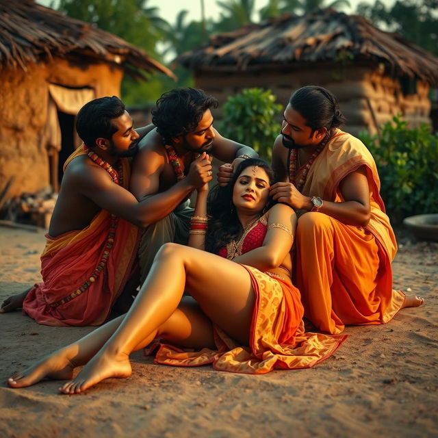 A seductive Indian woman with long, sexy legs lying on the ground, engaged in a passionate kiss with several Indian men in traditional attire, set outside a rustic Indian village