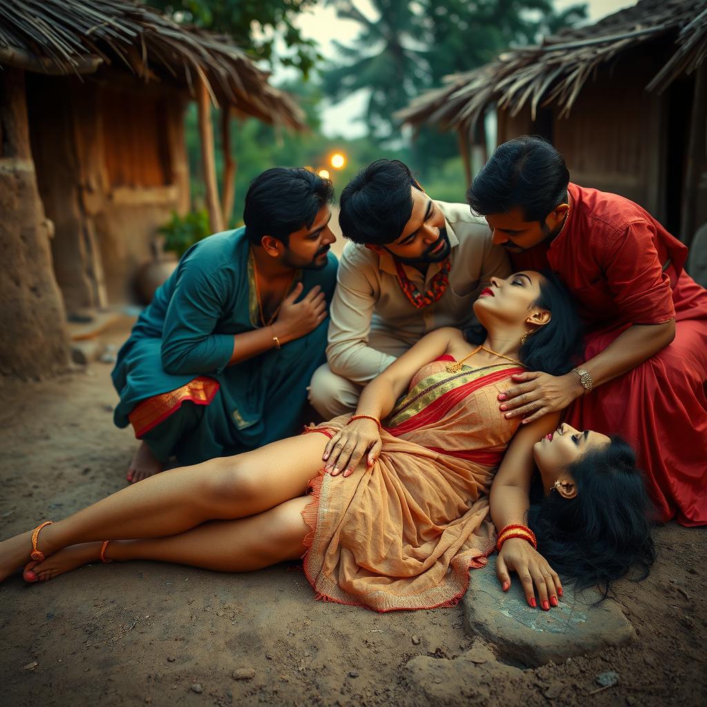 A seductive Indian woman with long, sexy legs lying on the ground, engaged in a passionate kiss with several Indian men in traditional attire, set outside a rustic Indian village