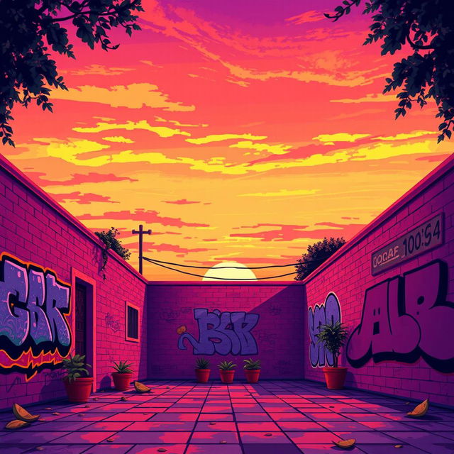 Pixel art style scene depicting a vibrant sunset