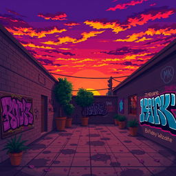 Pixel art style scene depicting a vibrant sunset