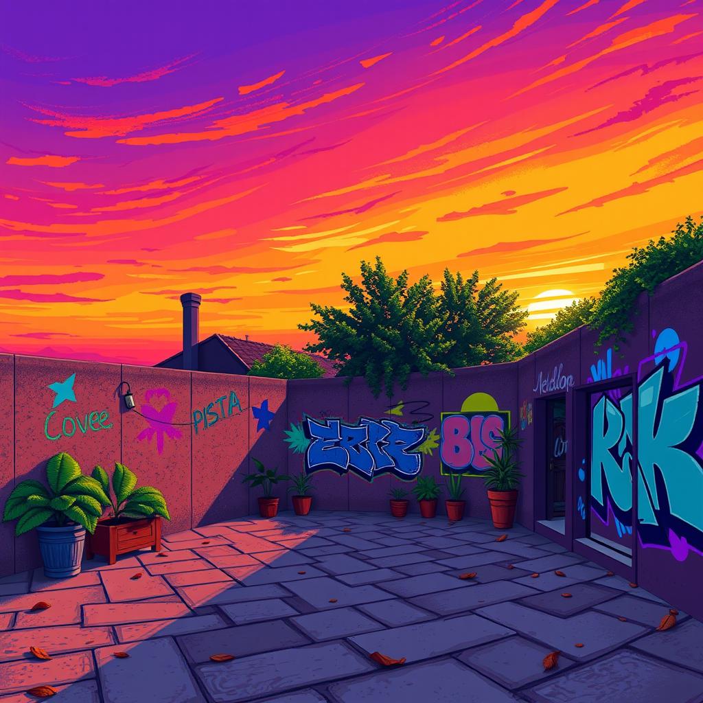 Pixel art style scene depicting a vibrant sunset