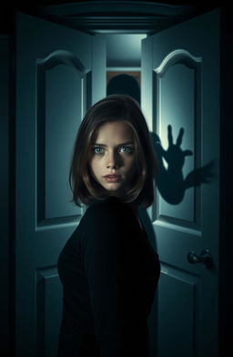 A suspenseful mystery scene featuring a young woman with chocolate brown hair and striking green eyes, standing in front of a slightly ajar wardrobe