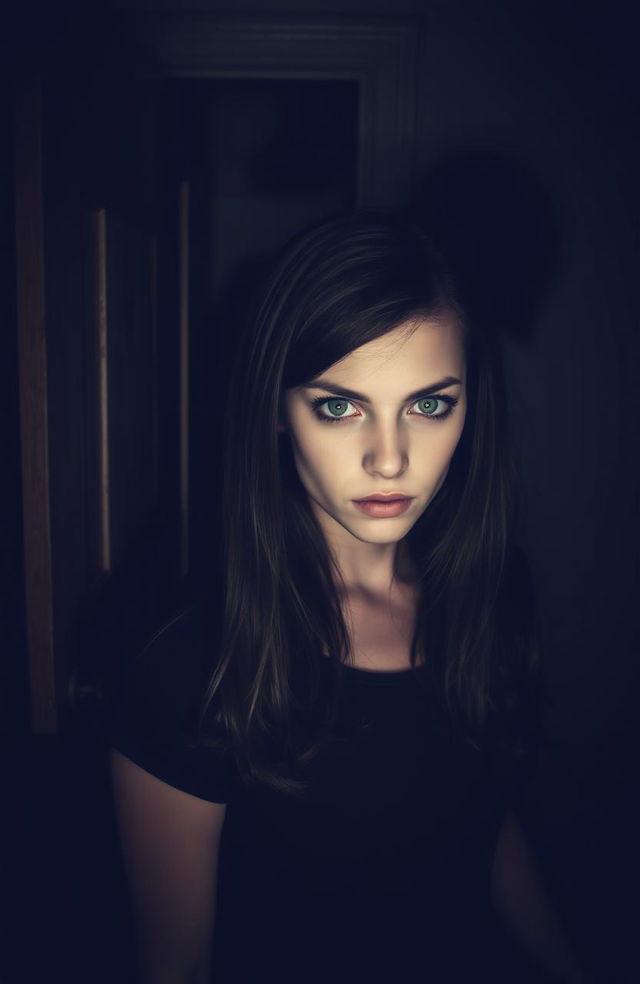 A suspenseful mystery scene featuring a young woman with chocolate brown hair and striking green eyes, standing in front of a slightly ajar wardrobe