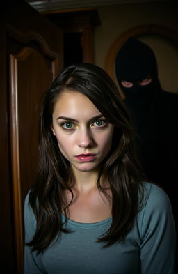 A suspenseful mystery scene featuring a young woman with chocolate brown hair and striking green eyes, standing in front of a slightly ajar wardrobe