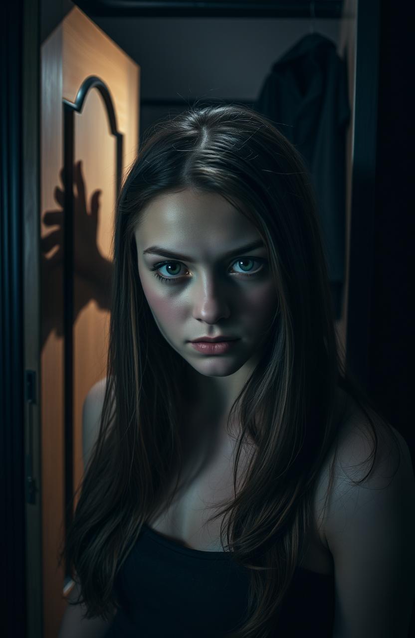 A suspenseful mystery scene featuring a young woman with chocolate brown hair and striking green eyes, standing in front of a slightly ajar wardrobe