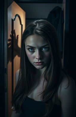 A suspenseful mystery scene featuring a young woman with chocolate brown hair and striking green eyes, standing in front of a slightly ajar wardrobe