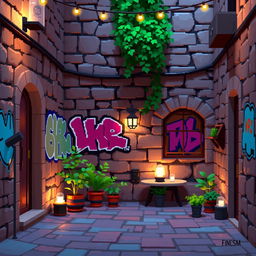 A cozy pixel art scene capturing a charming courtyard with a warm, inviting atmosphere