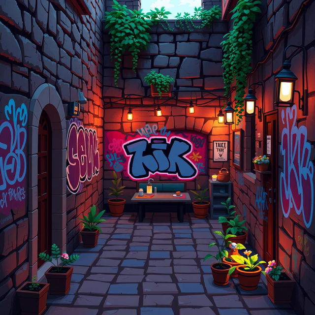 A cozy pixel art scene capturing a charming courtyard with a warm, inviting atmosphere