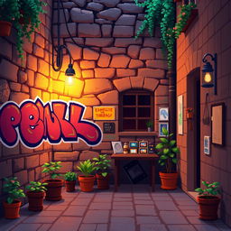 A cozy pixel art scene capturing a charming courtyard with a warm, inviting atmosphere