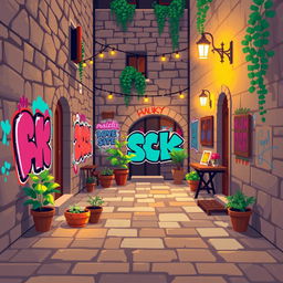 A cozy pixel art scene capturing a charming courtyard with a warm, inviting atmosphere