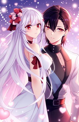 An anime-style artwork showcasing a beautiful girl with long, flowing white hair and striking crimson red eyes, embodying a captivating expression of love and allure