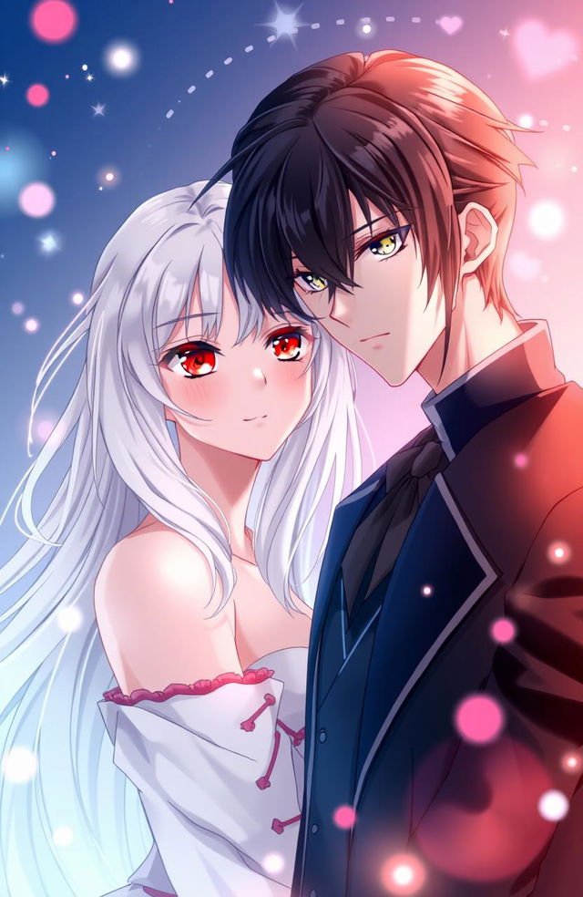 An anime-style artwork showcasing a beautiful girl with long, flowing white hair and striking crimson red eyes, embodying a captivating expression of love and allure