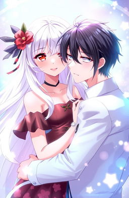 An anime-style artwork showcasing a beautiful girl with long, flowing white hair and striking crimson red eyes, embodying a captivating expression of love and allure