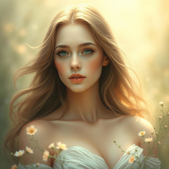 An artistic depiction of a beautiful, serene woman embodying innocence, with a soft, ethereal atmosphere around her