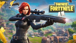 A 32k HD Fortnite YouTube thumbnail featuring a close-up of Marvel's Black Widow holding a detailed shotgun, framed by stylized graphics including the Fortnite logo and 'Best Shotgun Build' text