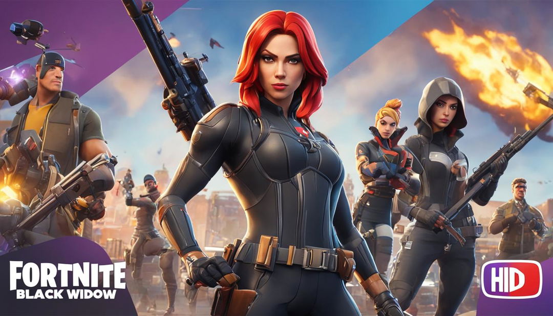 A 32k HD Fortnite YouTube thumbnail featuring a close-up of Marvel's Black Widow holding a detailed shotgun, framed by stylized graphics including the Fortnite logo and 'Best Shotgun Build' text