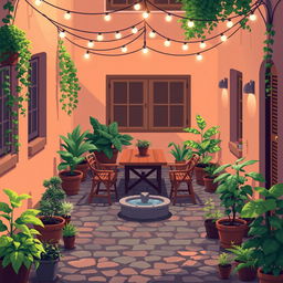 A cozy outdoor courtyard scene in pixel art style, illuminated by warm, soft lighting