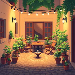 A cozy outdoor courtyard scene in pixel art style, illuminated by warm, soft lighting