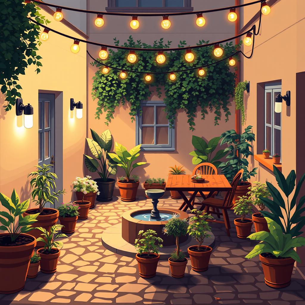 A cozy outdoor courtyard scene in pixel art style, illuminated by warm, soft lighting