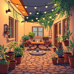 A cozy outdoor courtyard scene in pixel art style, illuminated by warm, soft lighting
