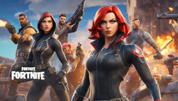 A 32k HD Fortnite YouTube thumbnail featuring a close-up of Marvel's Black Widow holding a detailed shotgun, framed by stylized graphics including the Fortnite logo and 'Best Shotgun Build' text