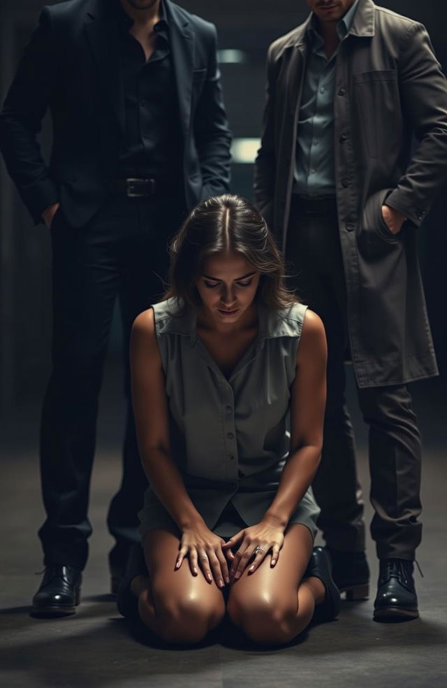 A crying, collared damsel kneeling helplessly on the ground, surrounded by two handsome men who stand either side of her, looking protective yet enigmatic