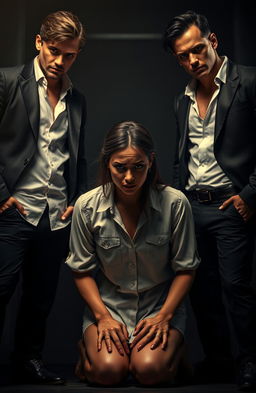 A crying, collared damsel kneeling helplessly on the ground, surrounded by two handsome men who stand either side of her, looking protective yet enigmatic