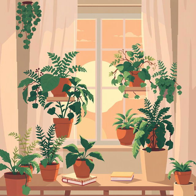 A cozy pixel art scene depicting indoor plants with soft, warm lighting