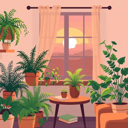 A cozy pixel art scene depicting indoor plants with soft, warm lighting
