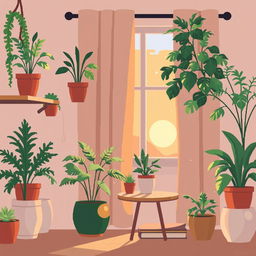 A cozy pixel art scene depicting indoor plants with soft, warm lighting