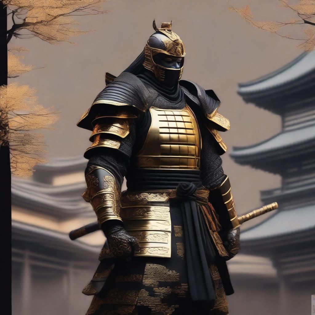 Generate an image of a regal samurai, decked in black armor and lavish gold accents