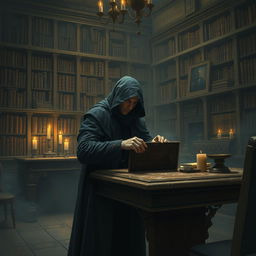 A mysterious, hidden secret is being uncovered in an ancient library, filled with old, dusty books, candlelight flickering softly