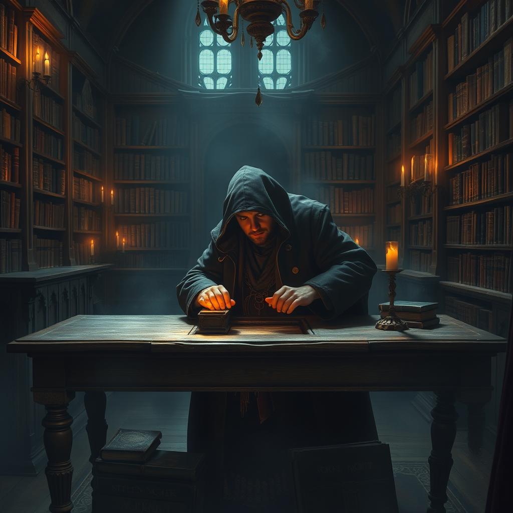 A mysterious, hidden secret is being uncovered in an ancient library, filled with old, dusty books, candlelight flickering softly