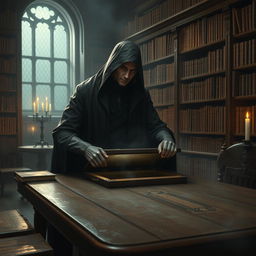 A mysterious, hidden secret is being uncovered in an ancient library, filled with old, dusty books, candlelight flickering softly