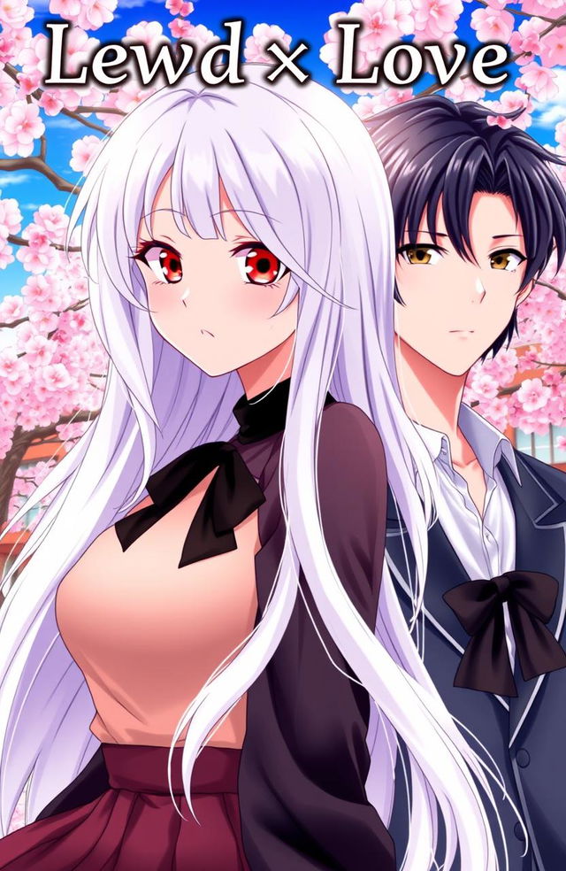 A beautifully illustrated anime cover titled 'Lewd x Love', featuring a stunning girl with long, flowing white hair and captivating crimson red eyes