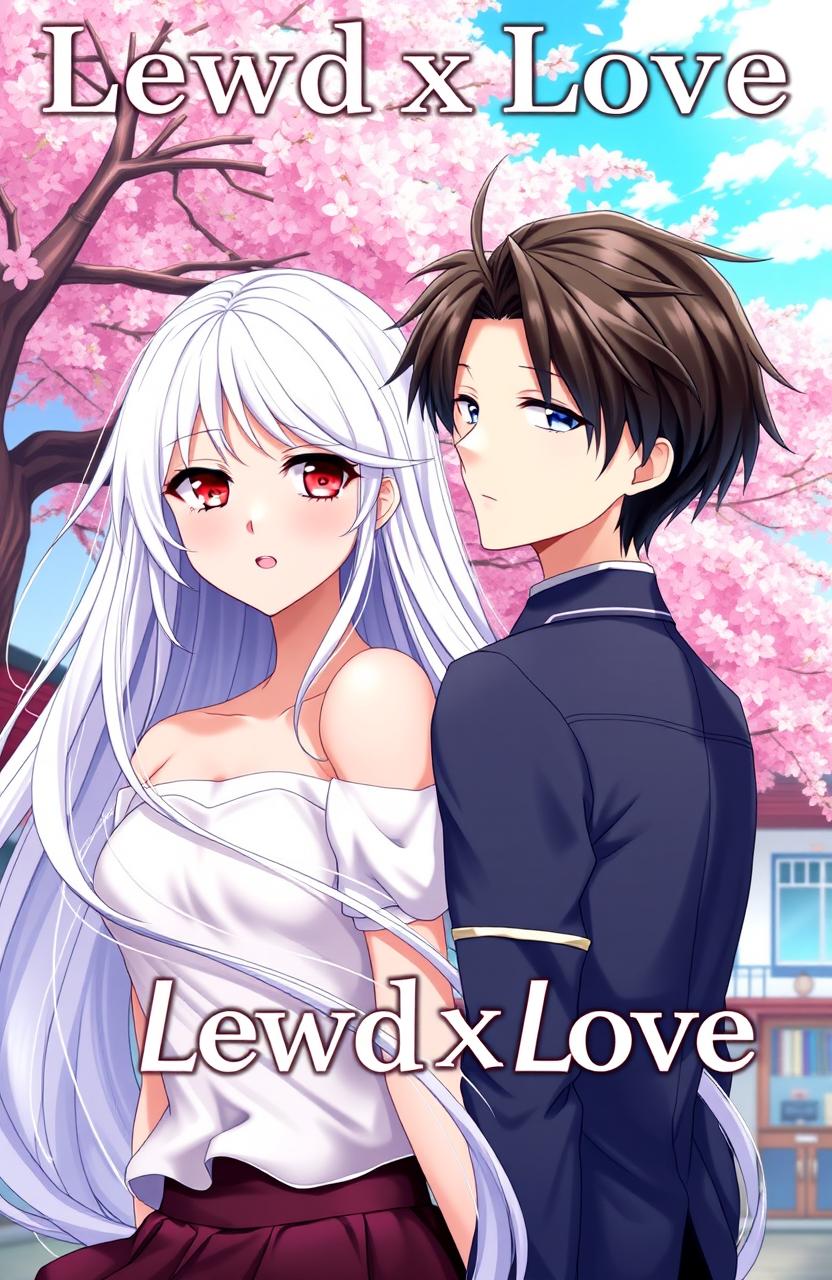 A beautifully illustrated anime cover titled 'Lewd x Love', featuring a stunning girl with long, flowing white hair and captivating crimson red eyes