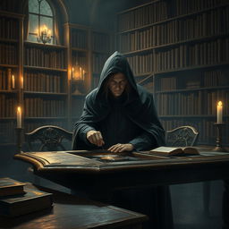 A mysterious, hidden secret is being uncovered in an ancient library, filled with old, dusty books, candlelight flickering softly