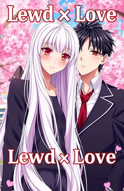 A beautifully illustrated anime cover titled 'Lewd x Love', featuring a stunning girl with long, flowing white hair and captivating crimson red eyes