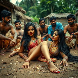 A sultry Indian woman with long, sexy legs lies on the ground in a rural Indian village setting, surrounded by a group of Indian men