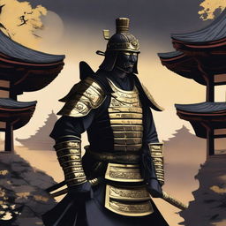 Generate an image of a regal samurai, decked in black armor and lavish gold accents