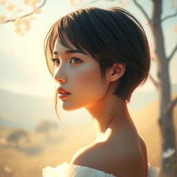 A stunning, artistic portrayal of a young woman with short hair, capturing her beauty and innocence