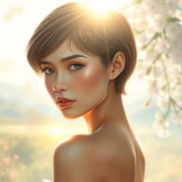 A stunning, artistic portrayal of a young woman with short hair, capturing her beauty and innocence