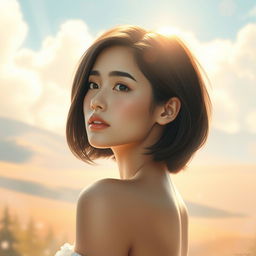 A stunning, artistic portrayal of a young woman with short hair, capturing her beauty and innocence