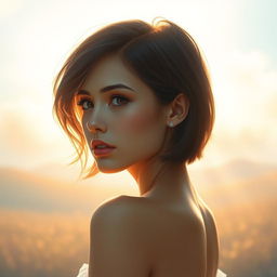 A stunning, artistic portrayal of a young woman with short hair, capturing her beauty and innocence